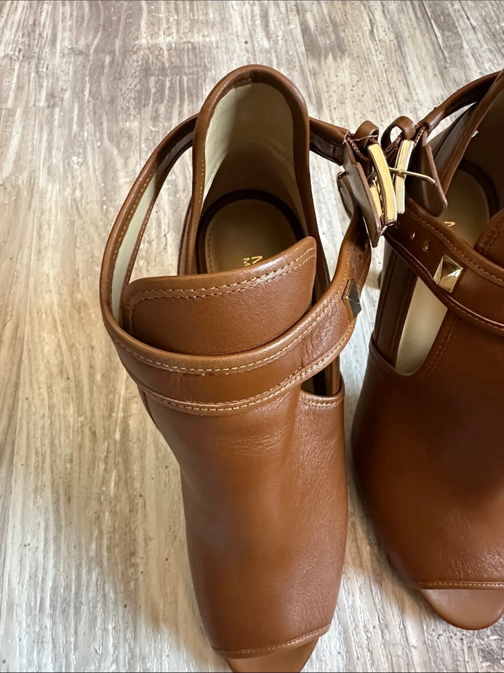 Michael Kors Brown Open-Toe Ankle Booties with Buckle leather upper 4” heel